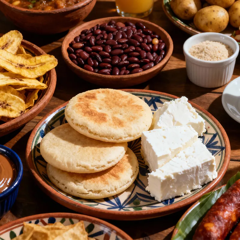 Arepas, queso fresco, frijoles y patacones servidos en platos artesanales