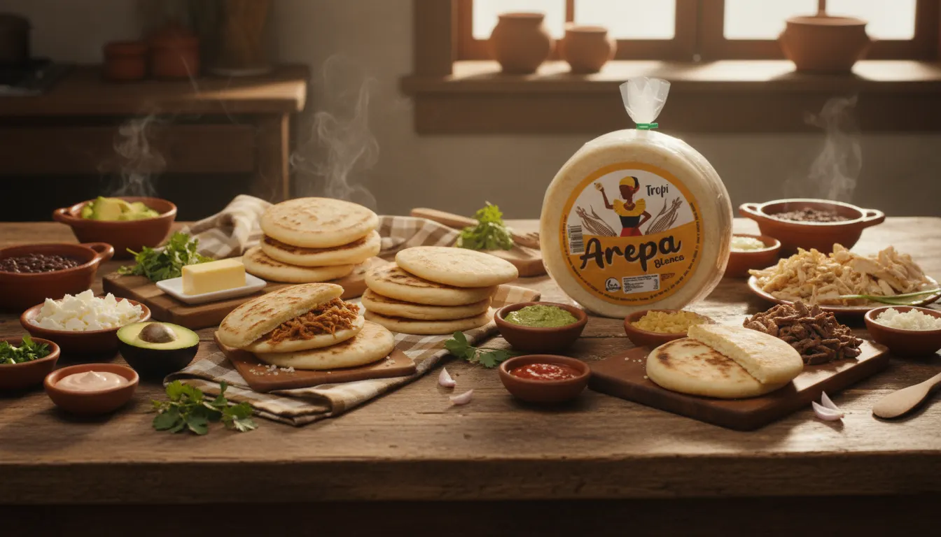 Arepas y productos latinos recién preparados sobre una mesa de cocina tradicional