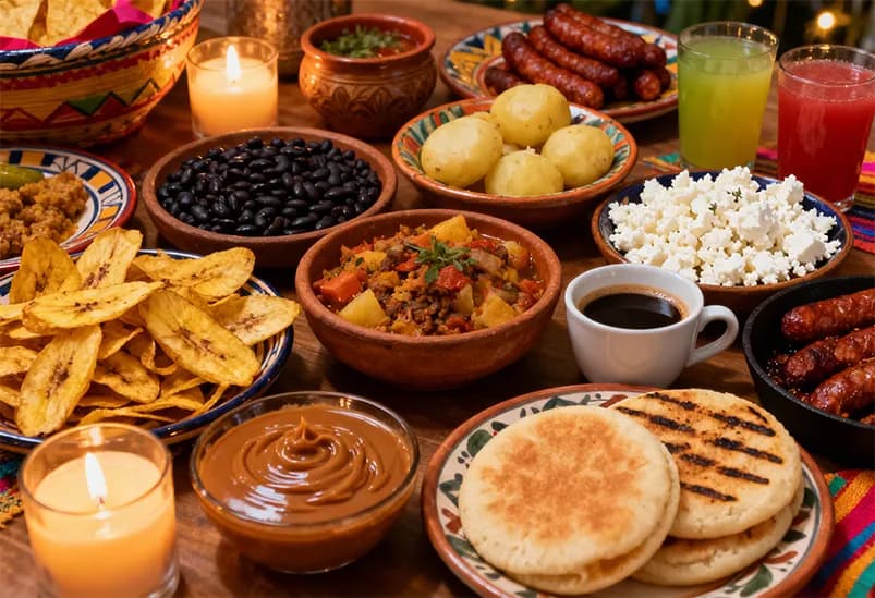 Mesa servida con platos típicos latinos: frijoles, patacones, arepas, dulce de leche y café