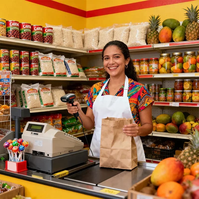 Dependienta atendiendo en la caja de una tienda de productos latinos