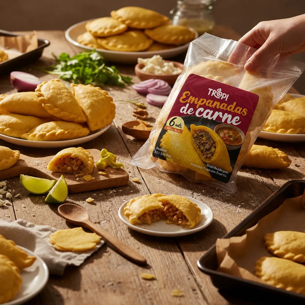 Empanadas de carne Tropi sobre una mesa de madera junto a su bolsa de 6 unidades